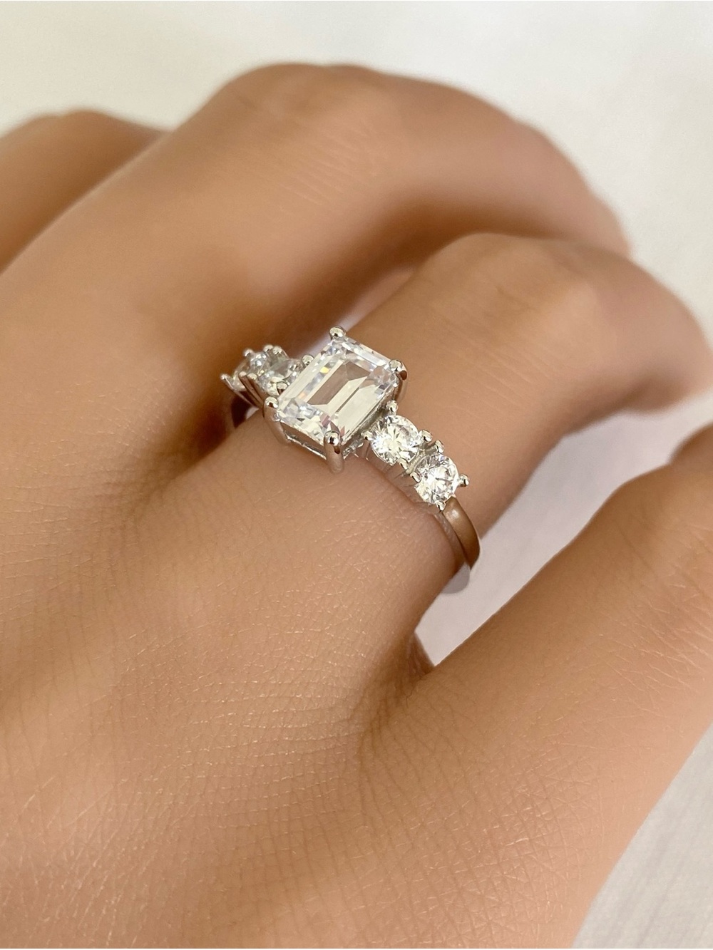 Emerald Cut CZ Solid 925 Sterling Silver Round Cut Stone Women’s Engagement Ring